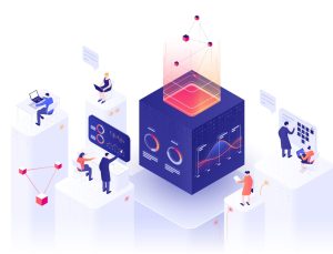 People interacting with charts and analyzing statistics. Data visualization concept. 3d isometric vector illustration.