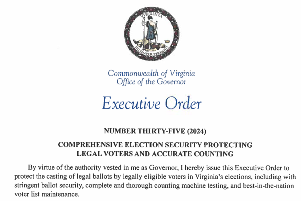 Screen shot of Virginia Gov. Glenn Youngkin's Executive Order on Election-Security measures.