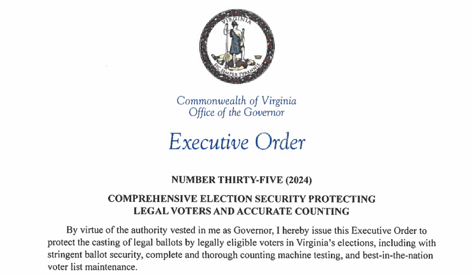 Screen shot of Virginia Gov. Glenn Youngkin's Executive Order on Election-Security measures.