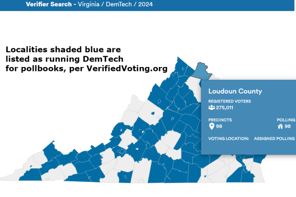 Screenshot of VerifiedVoting.org's list of Virginia localities that use DemTech pollbook software for checking in voters.