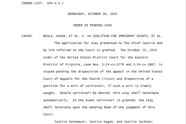 Screenshot of Supreme Court order that stays lower court ruling ordering VA to add noncitizens back on voter rolls.