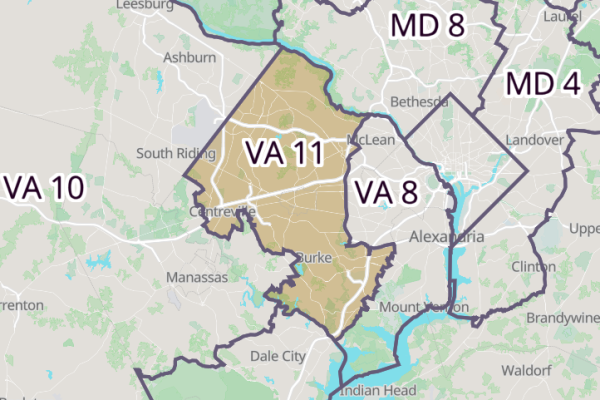 Map of Norther Virginia's 11th Congressional District and nearby congressional districts.