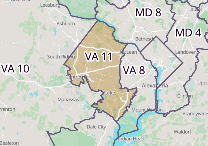 Map of Norther Virginia's 11th Congressional District and nearby congressional districts.