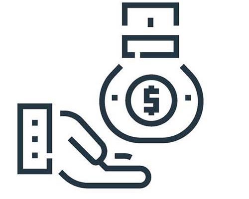 illustration/icon of a server represented by a hand and a bag of money.