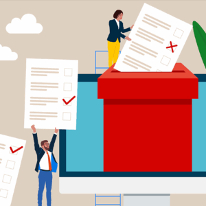 Ballot box and voters. Paper ballots to election box. Electronic voting system for elections. Democracy Freedom Concept. Flat vector illustration