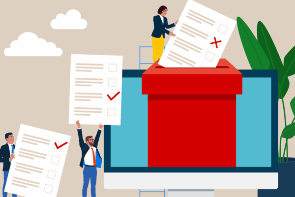 Ballot box and voters. Paper ballots to election box. Electronic voting system for elections. Democracy Freedom Concept. Flat vector illustration