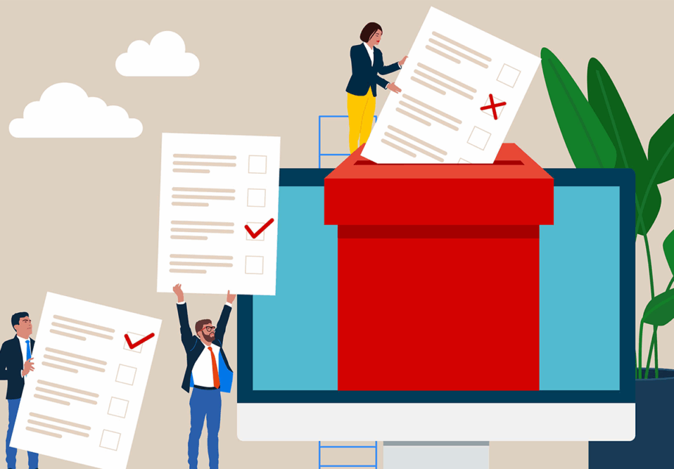 Ballot box and voters. Paper ballots to election box. Electronic voting system for elections. Democracy Freedom Concept. Flat vector illustration
