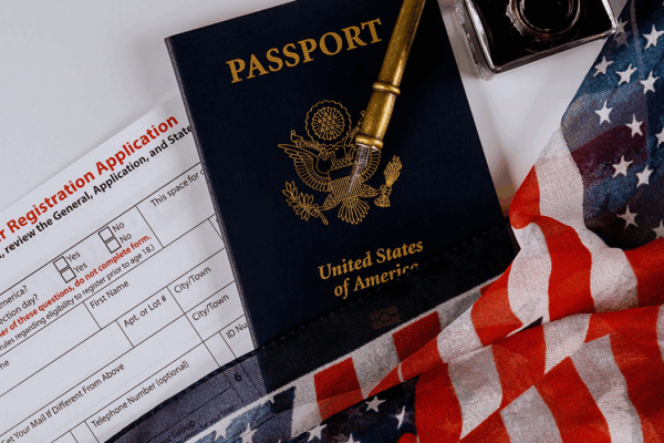 American vote registration form for election with flag of USA and passport.