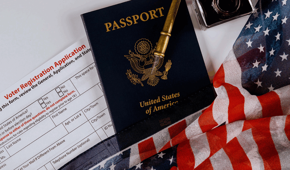 American vote registration form for election with flag of USA and passport.