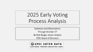EPEC VA Early Voting 2025 Analysis Slide 1 EPEC Team's Rick Naigle provides some early observation of Virginia's 45-day early voting period that ended on Nov. 1, 2025 before the General Election on Nov. 4th.