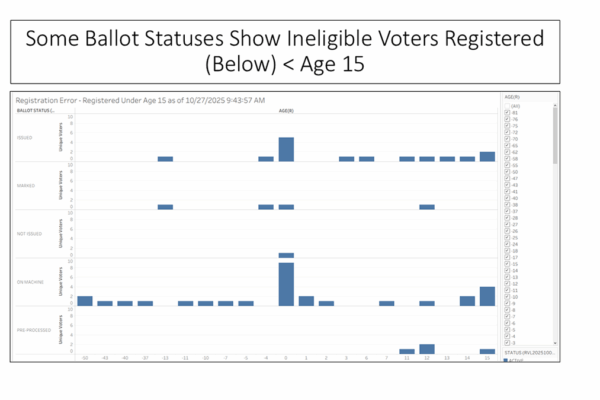 EPEC Team slide shows some ineligible voters below the age of 15 who have apparently received ballots, according to Daily Absentee List (DAL) data from Virginia localities.