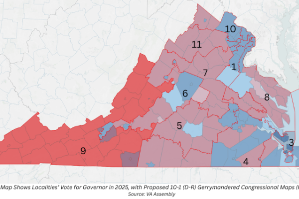 Dual-map view depicts localities shaded by voter preference for governor in 2025 and outline of proposed congressional districts to achieve a 10-1 (D-R) gerrymander.