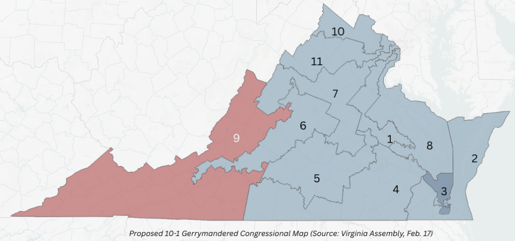 Map depicts how Virginia congressional districts would be drawn to reflect a 10-1 (D-R) congressional map and remove 4 out of 5 current Republican seats. Source: VA Assembly