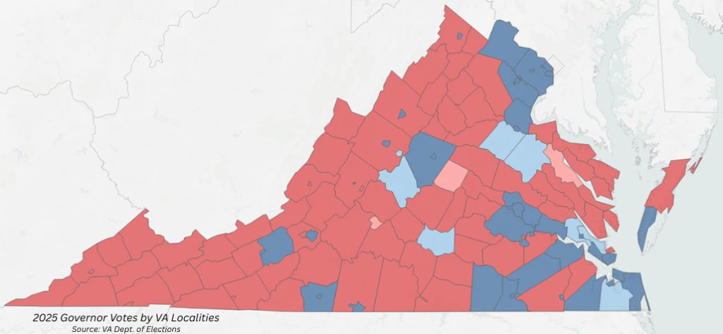 EPEC Team mapped out by red or blue how each of the localities voted in the governor race in 2025 using official Dept. of Elections data to show voting preferences of Virginia’s population.