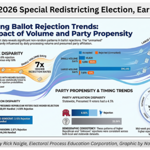 VA 2026 Special Election Analysis of Ballot Processing Rates EPEC Analysis by Rick Naigle summarizes recent analysis of Virginia's 2026 Special Election regarding redistricting, which shows a disparity between how ballots are processed between presumed R and presumed D voters.
