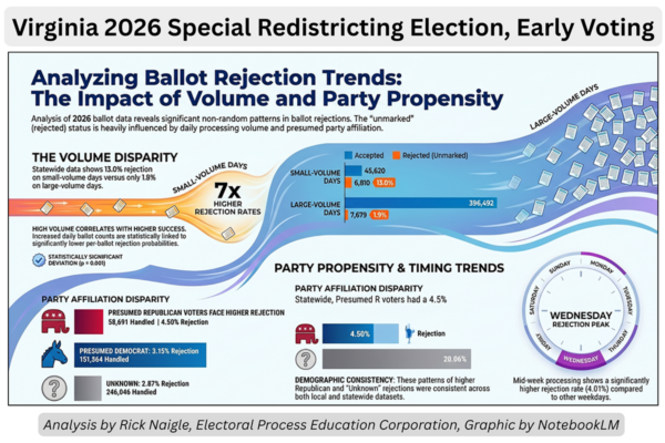 EPEC Analysis by Rick Naigle summarizes recent analysis of Virginia's 2026 Special Election regarding redistricting, which shows a disparity between how ballots are processed between presumed R and presumed D voters.