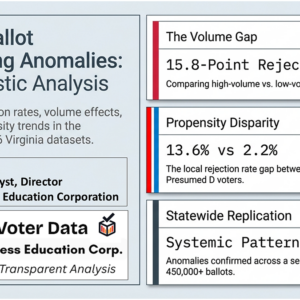 Slide1 Title page summarizes recent analysis of Virginia's 2026 Special Election regarding redistricting, which shows a disparity between how ballots are processed between presumed R and presumed D voters. The volume gap between high-volume and low-volume processing is a 15.9 rejection delta. This is also a systemic pattern in statewide data.