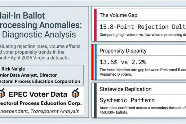 Title page summarizes recent analysis of Virginia's 2026 Special Election regarding redistricting, which shows a disparity between how ballots are processed between presumed R and presumed D voters. The volume gap between high-volume and low-volume processing is a 15.9 rejection delta. This is also a systemic pattern in statewide data.