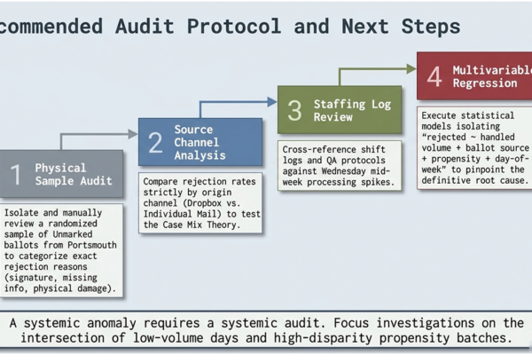 Slide offers four steps to address how to address processing disparities between R-leaning and D-leaning ballots, including mulitvariable regressional analysis.