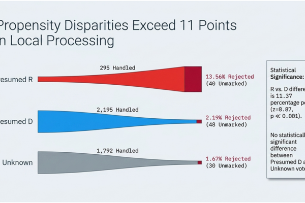 Page summarizes recent analysis of Virginia's 2026 Propensity disparities exceed 11 points in local processing in Virginia special election ballot processing between presumed R and presumed D voters.