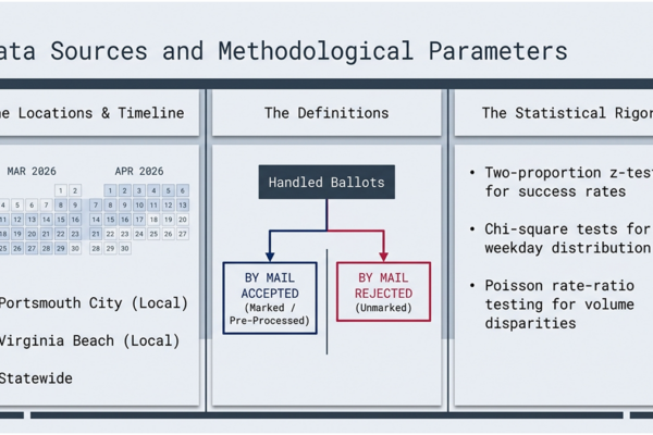 Data Sources and Methodology for Page ecent analysis of Virginia's 2026 Redistricting Special Election, which shows a disparity between how ballots are processed between presumed R and presumed D voters.