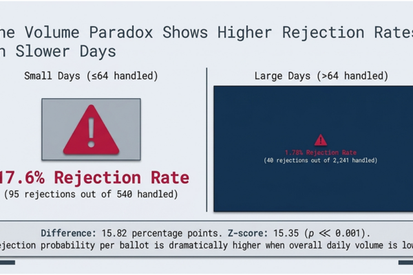 The volume paradox shows higher rejection rates on slower days, by 15.82 percentage points and a z-score of 15.35.
