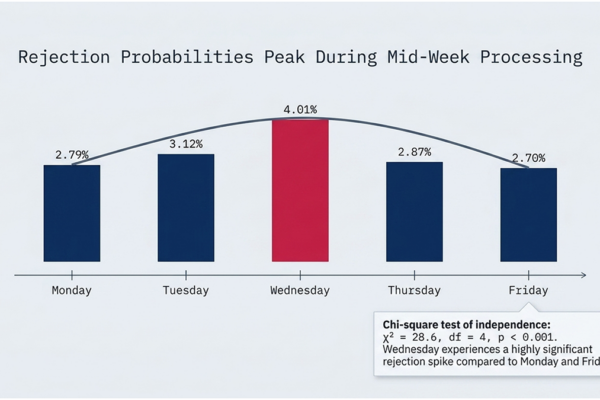 Page summarizes recent analysis of Virginia's 2026 This slide about the disparity between how ballots are processed between presumed R and presumed D voters shows that a 4.01% rejection rate of mail-in ballots is highest on Wednesdays. Rejection rates are highest mid-week and lowest on Friday.