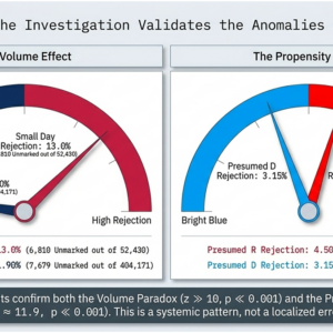 Higher Rejection Rates for R-Leaning Ballots Found in Special Election Page summarizes recent analysis of Virginia's 2026 Special Election regarding redistricting, which shows a disparity between how ballots are processed between presumed R and presumed D voters. This slide examines the volume effect that shows more rejections when fewer mail-in ballots are processed and fewer when the volume of mail ballots is higher.