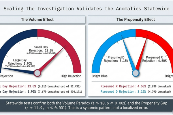 Page summarizes recent analysis of Virginia's 2026 Special Election regarding redistricting, which shows a disparity between how ballots are processed between presumed R and presumed D voters. This slide examines the volume effect that shows more rejections when fewer mail-in ballots are processed and fewer when the volume of mail ballots is higher.