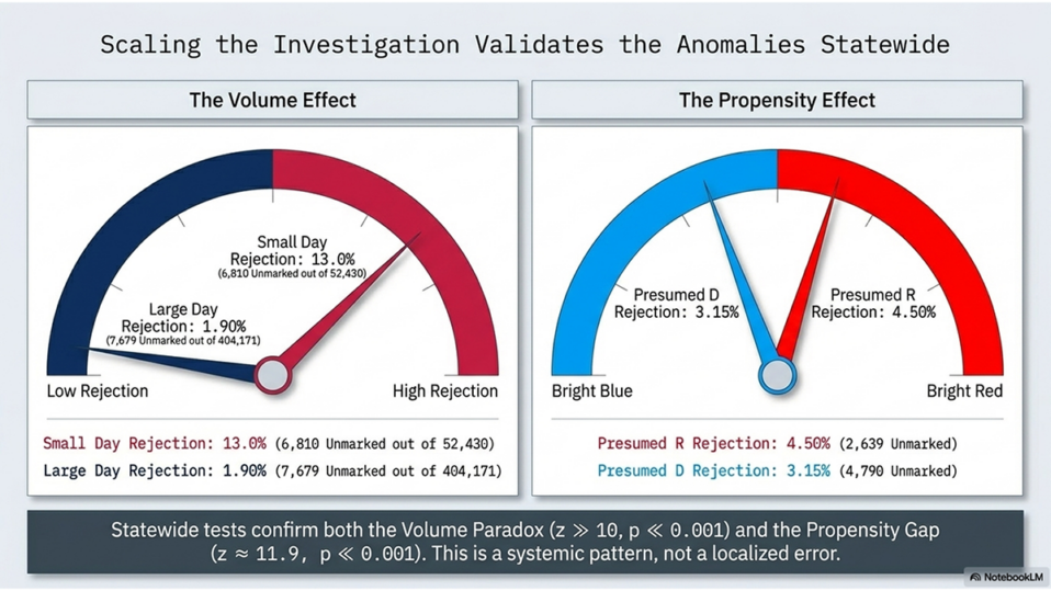 Page summarizes recent analysis of Virginia's 2026 Special Election regarding redistricting, which shows a disparity between how ballots are processed between presumed R and presumed D voters. This slide examines the volume effect that shows more rejections when fewer mail-in ballots are processed and fewer when the volume of mail ballots is higher.