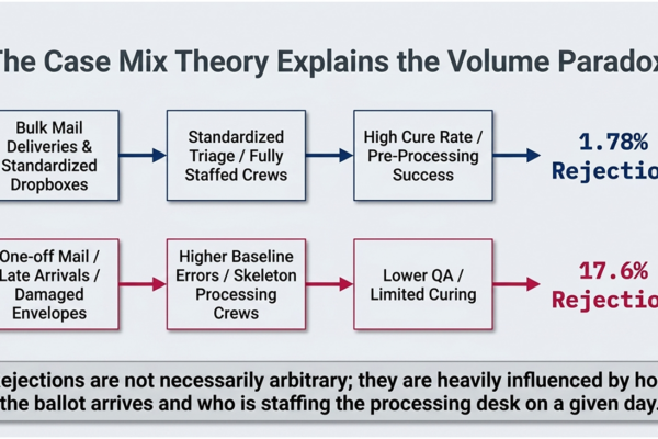 Page summarizes recent analysis of Virginia's 2026 Special Election regarding redistricting, which shows a disparity between how ballots are processed between presumed R and presumed D voters and how the volume paradox may be impacted by different factors in ballot delivery process.