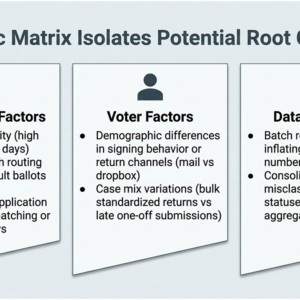 Higher Rejection Rates for R-Leaning Ballots Found in Special Election Slide offers diagnostic matrix to isolate potential root causes for clear disparities among processing rates across Virginia during the redistricting special election in 2026.