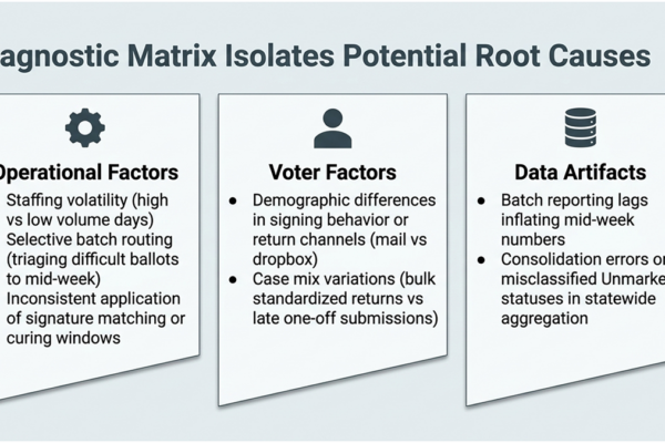 Slide offers diagnostic matrix to isolate potential root causes for clear disparities among processing rates across Virginia during the redistricting special election in 2026.
