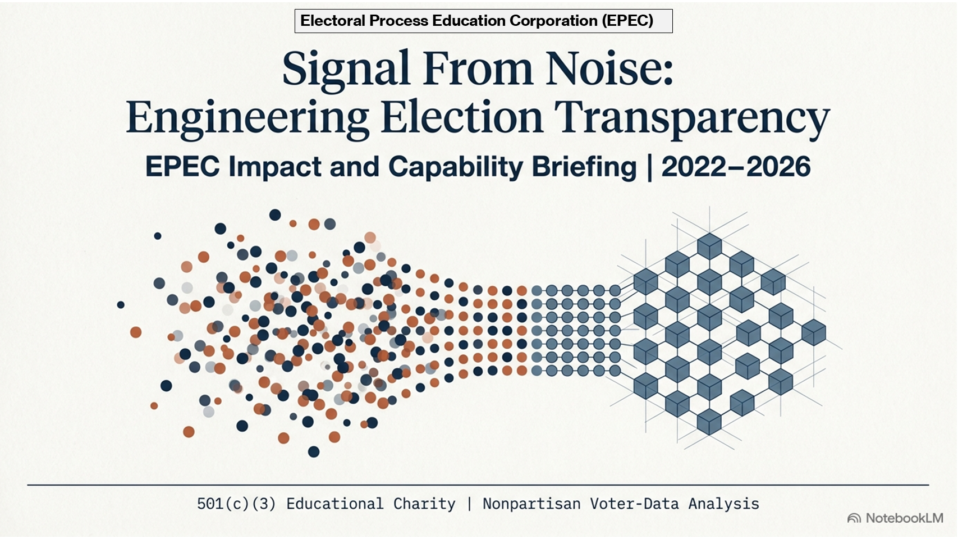 How voter-participation nonprofit EPEC Team achieves its goals of 'Engineering Election Transparency' with Data Science and relentless accuracy.